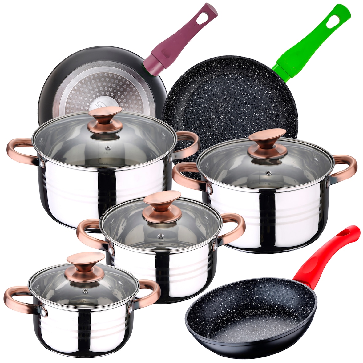 San Ignacio - Conjunto de Panelas Nona: 4 Panelas com Tampa e Conjunto de 3 Panelas Vermelho Marinha Ø20/24/28 cm em Inox/Aço Forjado