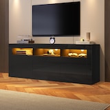thumbnail of Hochglanz-TV-Schrank 160x35x60 cm mit LED-Beleuchtung, 3 offenen Fächern, 2 Türen, 2 Schubladen in Schwarz