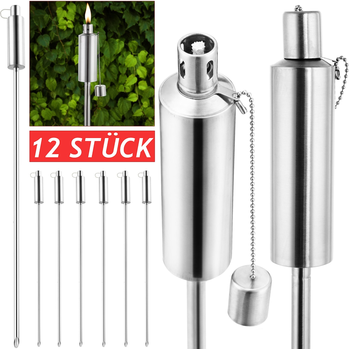 GARDEBRUK® Gartenfackel Öl 12er Set 330ml Edelstahl Rostfrei 115cm Hoch Fackeln Ölfackeln Garten Draußen