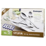 thumbnail of 180-tlg. Sparset SYLVIA, Edelstahl 18/0, enthält je 36 Menümesser, Menülöffel, Menügabeln, Kaffeelöffel, Kuchengabeln, 1 Behälter
