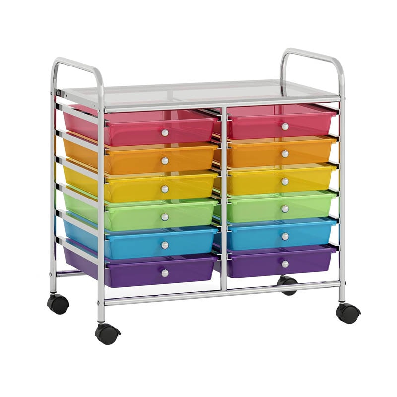 COSTWAY Carrinho com rodas com 12 gavetas empilháveis, contentor com rodas e estrutura metálica, 64 x 38 x 62 cm (transparente multicolorido)