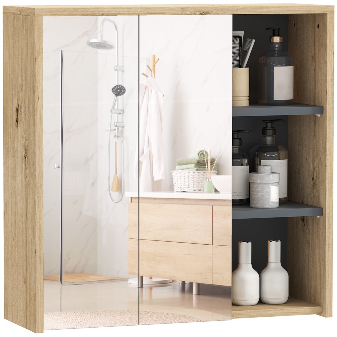 HOMCOM armario de baño con espejo armario con espejo para baño con estantes mueble para baño estilo moderno 60x20x60 cm madera natural
