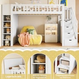 thumbnail of Hochbett 90x200 mit Stauraumleiter, Regalen und klappbaren Stauschränken, platzsparend, modernes Design, kreative Raumnutzung, Weiß