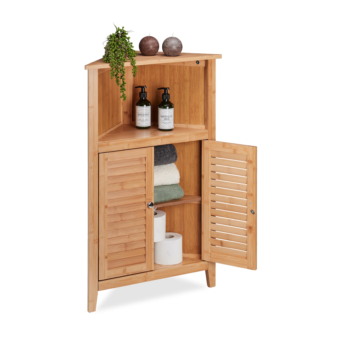 Relaxdays Eckschrank, Bambus, HxBxT: 92 x 58 x 30 cm, Badschrank mit 2 Lamellentüren, Eckkommode für Bad & Küche, natur