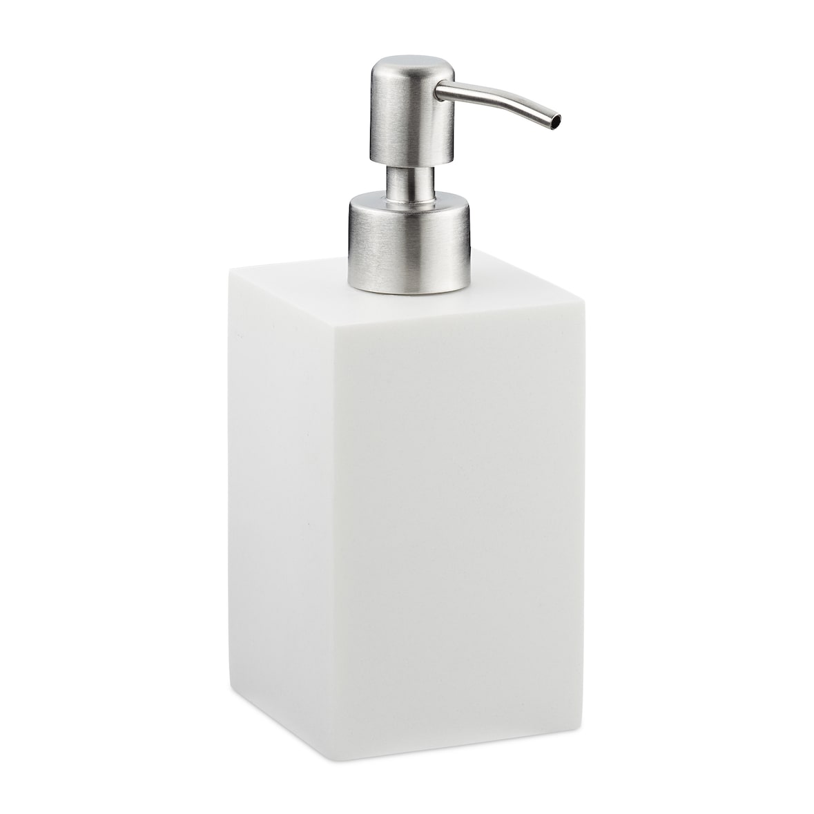 Relaxdays Seifenspender 300 ml, nachfüllbar, Bad, Küche, Flüssigseifenspender eckig, Polyresin, Edelstahlpumpe, weiß