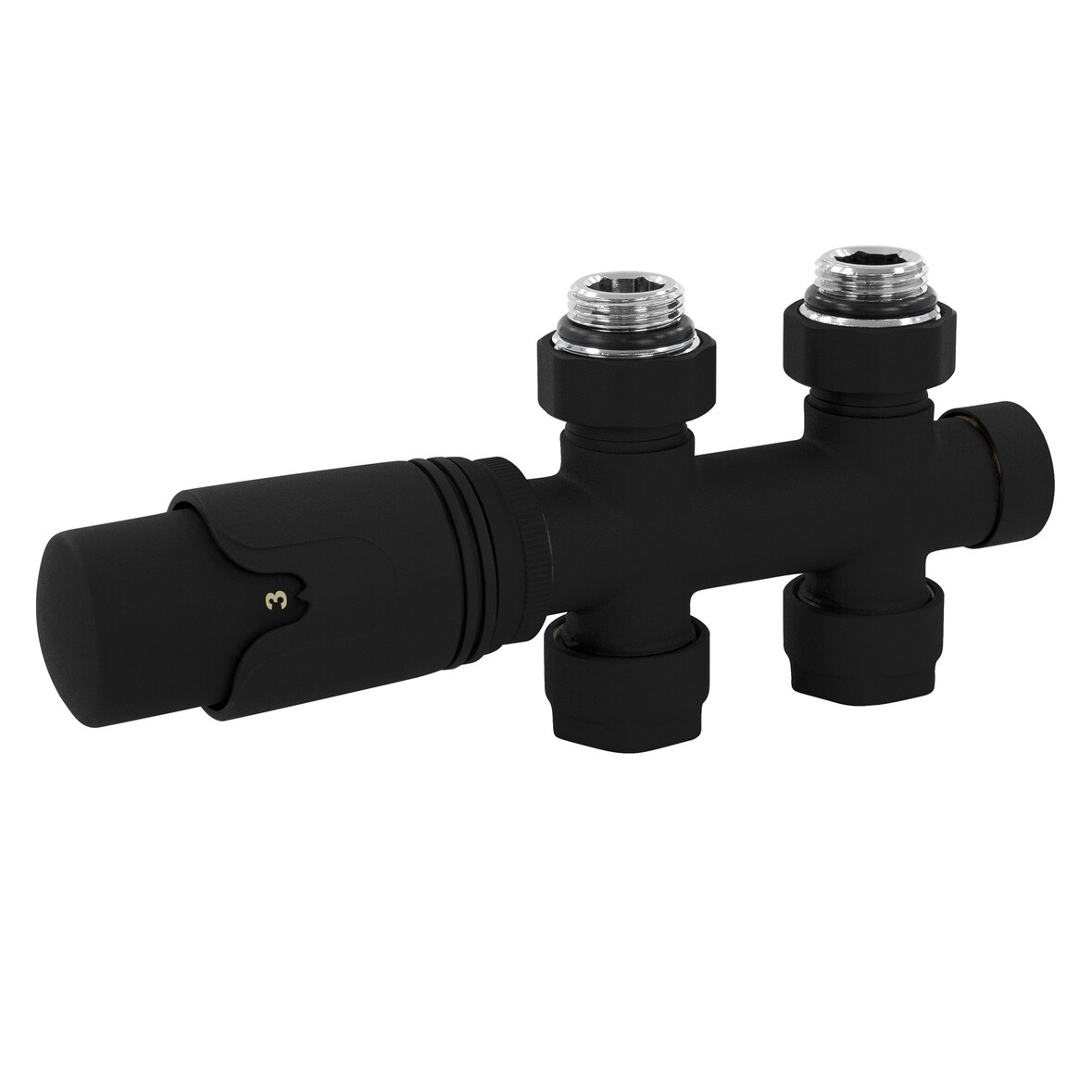 LuxeBath Ventil-Armaturen Set Multiblock Schwarz Durchgangsform, mit Thermostatkopf, Anschlussgarnitur für Badheizkörper Mittelanschluss, Rohre aus