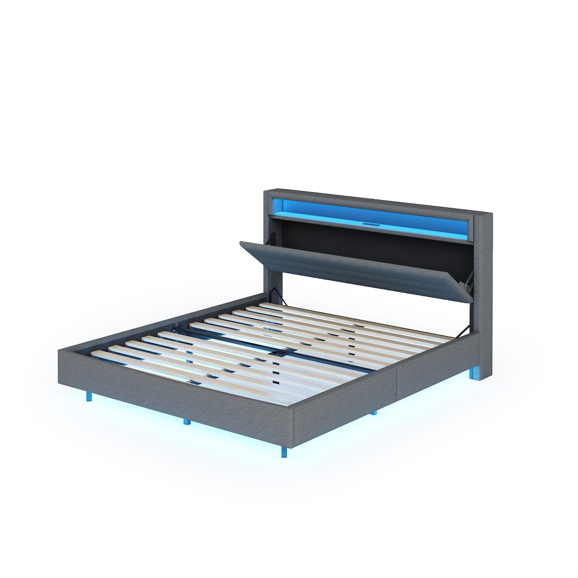 Merax Polsterbett 140x200 cm mit USB-Steckdose & LED-Licht, verdecktes Fußteil, Doppelflachbett, Erwachsenenbett, Leinenstoff, grau