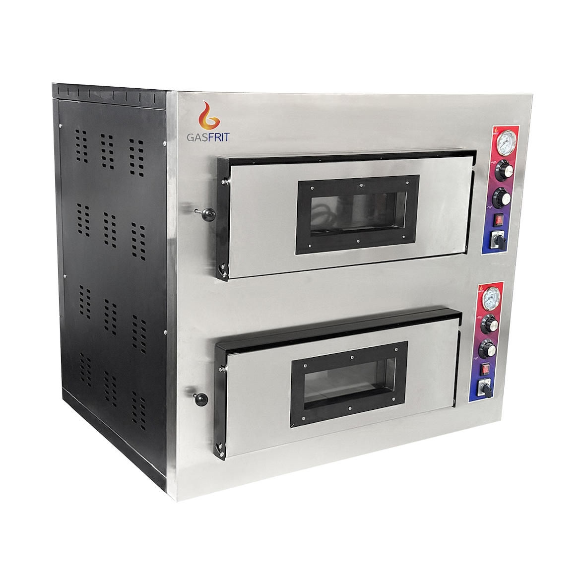Gasfrit – Forno per Pizza Industriale a Gas 2 Bocche 4+4 x 33 cm con Base in Ceramica Refrattaria e Termostato di Qualità | Temperatura max 500°C -