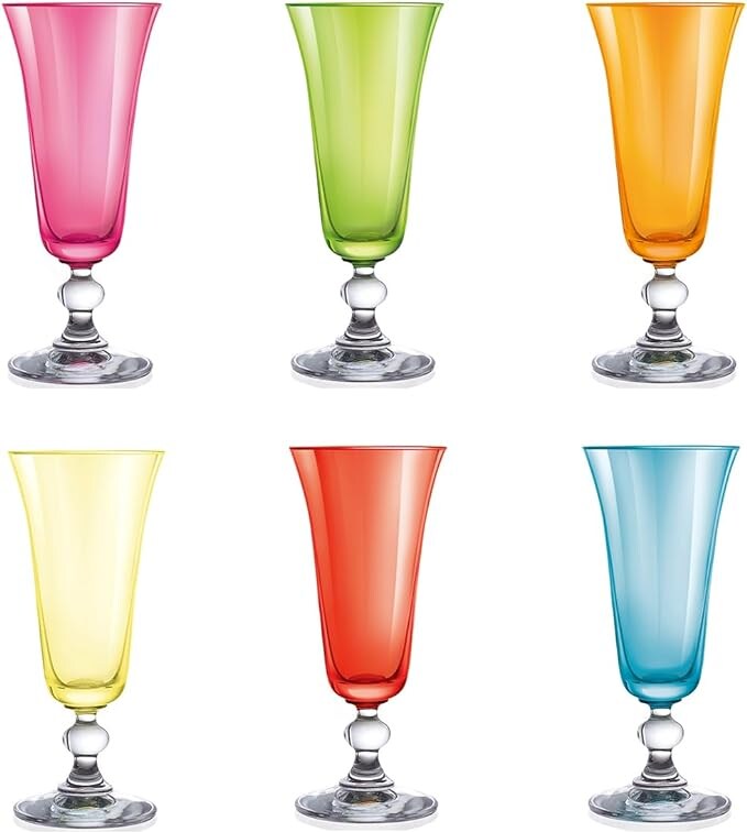 H&H Set 6 Calici Flute Mediterraneo, Vetro, Colori Assortiti, 15 cl