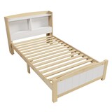 thumbnail of Merax Stauraumbett Einzelbett 90x200 aus Kiefernholz & MDF mit Stauraum-Kopfteil & Lattenrost für Schlafzimmer Weiß & Beige