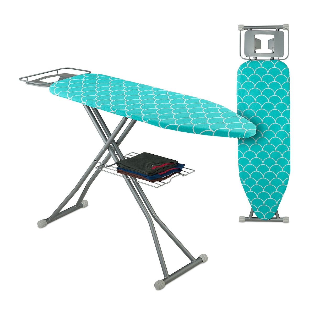Relaxdays Bügelbrett für Dampfbügeleisen, 122 x 39,5 cm, höhenverstellbar, klappbar, Ablage, Bügeltisch, türkis/silber