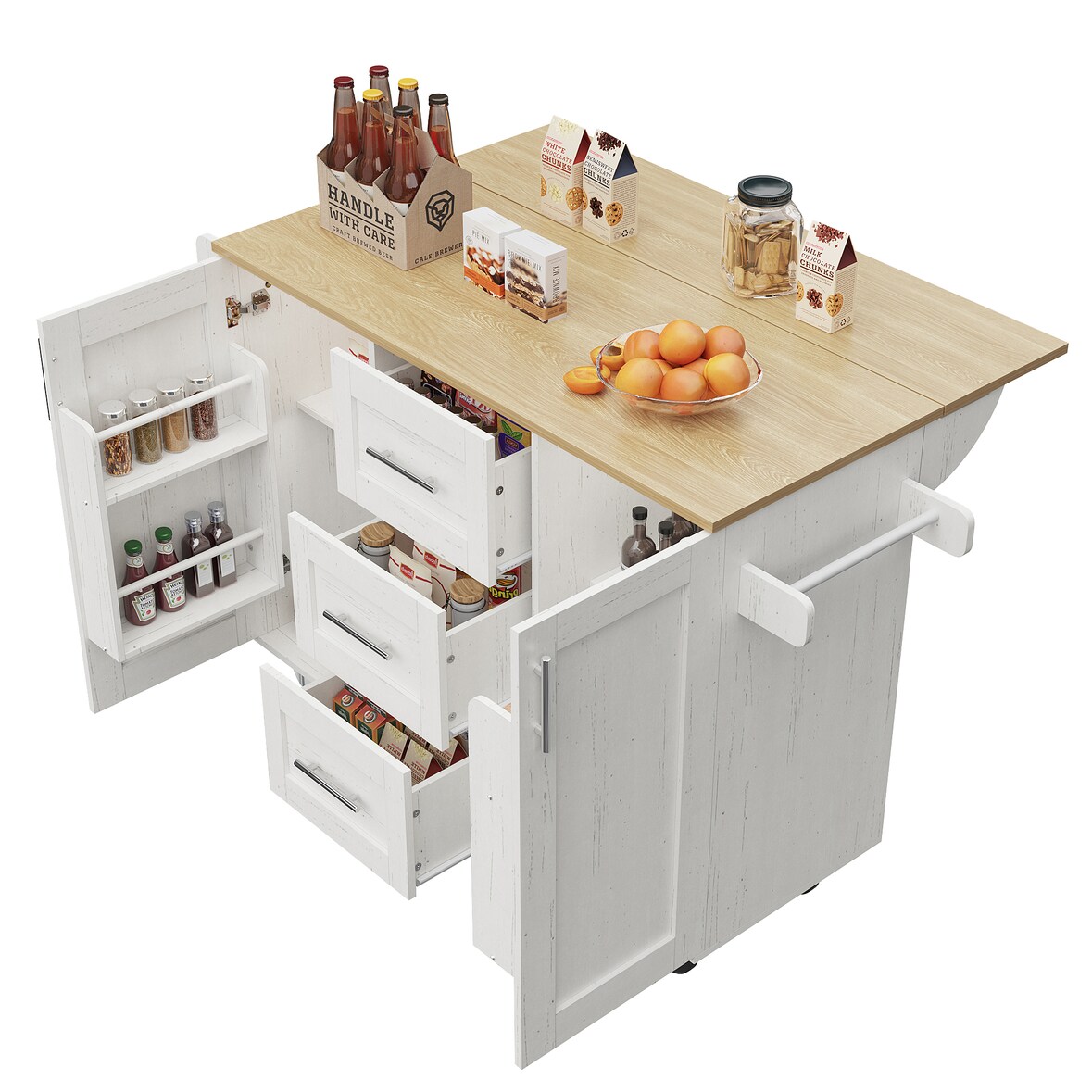 Kücheninsel Rollwagen 135x74x87 cm mit klappbaren Seiten, 3 Schubladen, Handtuchhalter, verstellbaren Trennwänden, Weiß, MDF+Metall
