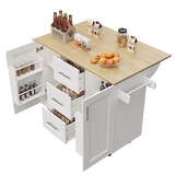 thumbnail of Kücheninsel Rollwagen 135x74x87 cm mit klappbaren Seiten, 3 Schubladen, Handtuchhalter, verstellbaren Trennwänden, Weiß, MDF+Metall