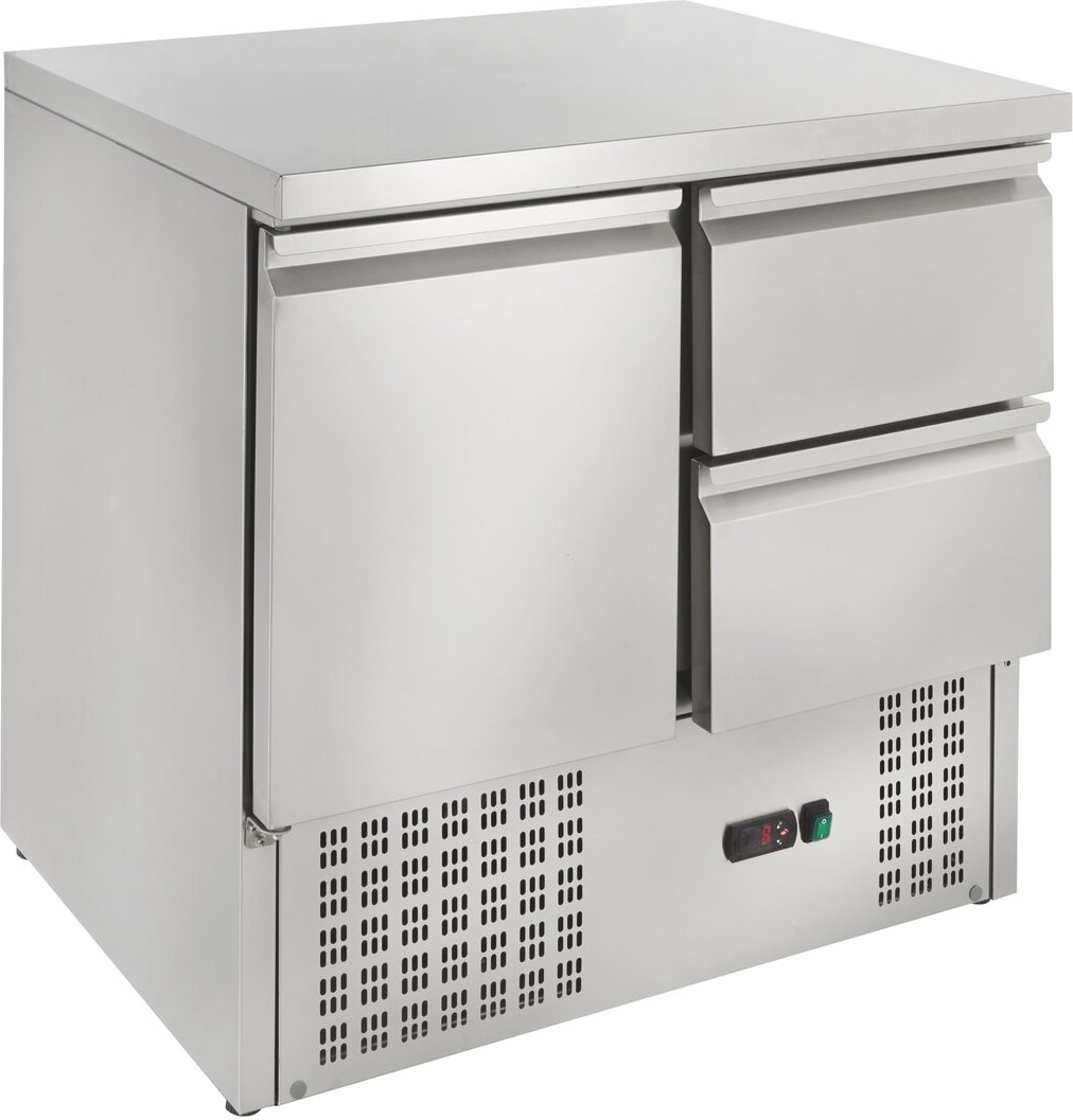 GastroHero Kühltisch Mini Edelstahl GN 1/1 1 Tür 2 Schubladen statische Kühlung +2 °C bis +8 °C 230 V Profi Gastronomie ECO 1/2 900x700x870 mm