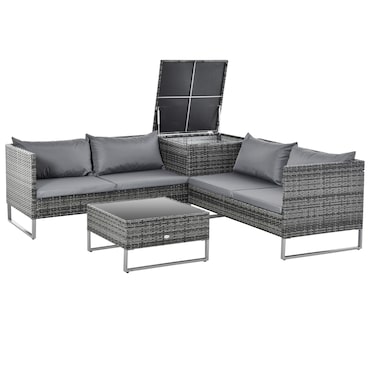 Outsunny Conjunto de 4 Móveis de vime para Jardim com 2 Sofás Duplos Mesa central com mesa de baú almofadas  removíveis 132x69x64 cm Cinza