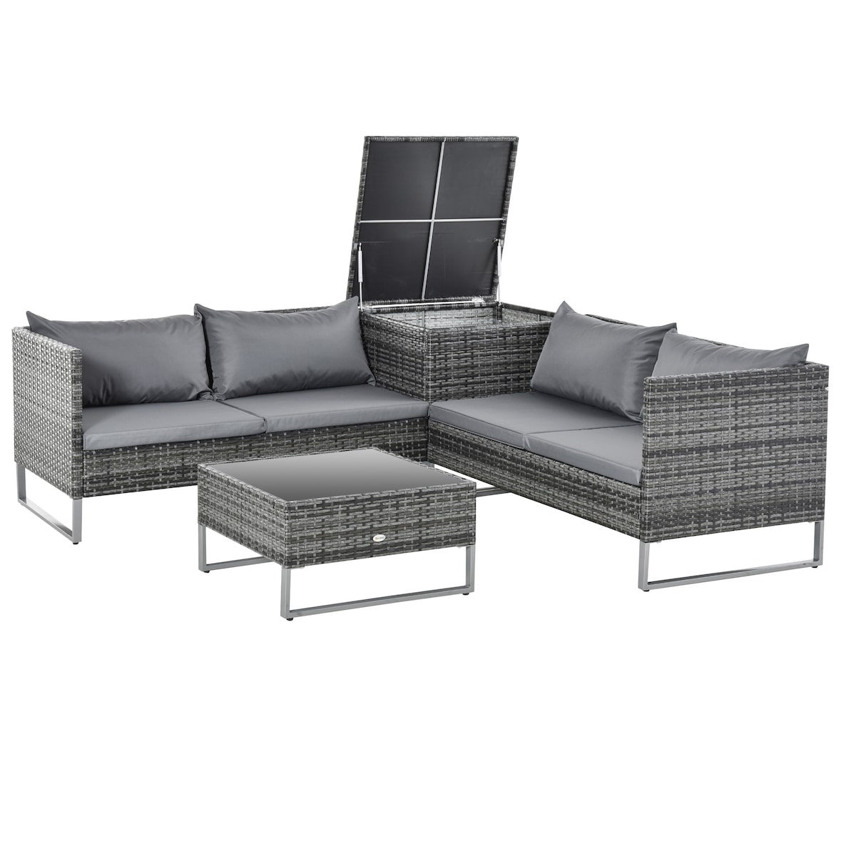 Outsunny Conjunto de 4 Móveis de vime para Jardim com 2 Sofás Duplos Mesa central com mesa de baú almofadas  removíveis 132x69x64 cm Cinza