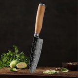 thumbnail of Kleines Santokumesser I 13 cm Klinge aus 67 Lagen Damaststahl I Olivenholzgriff und Hammerschlag