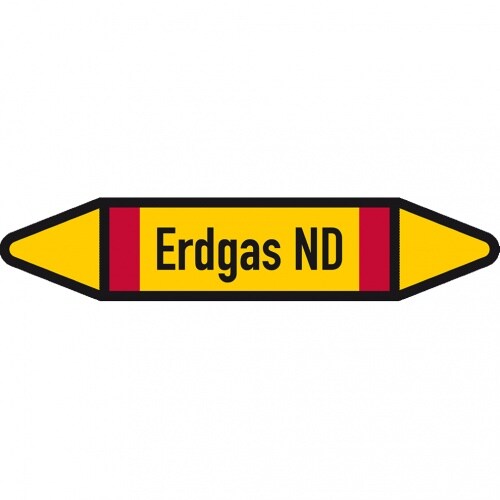 Dreifke® Rohrleitungsetikett Erdgas ND, DIN 2403, gelb/schwarz/rot, für Ø15-25mm, 96x17mm, 8/Bogen