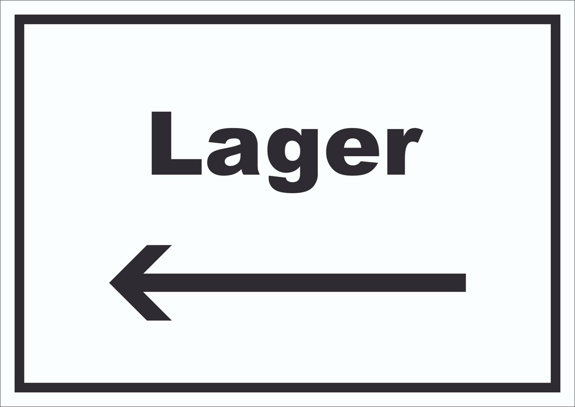 Lager Schild mit Text und Richtungspfeil links Storage Warenlager waagerecht A5 (148x210mm)