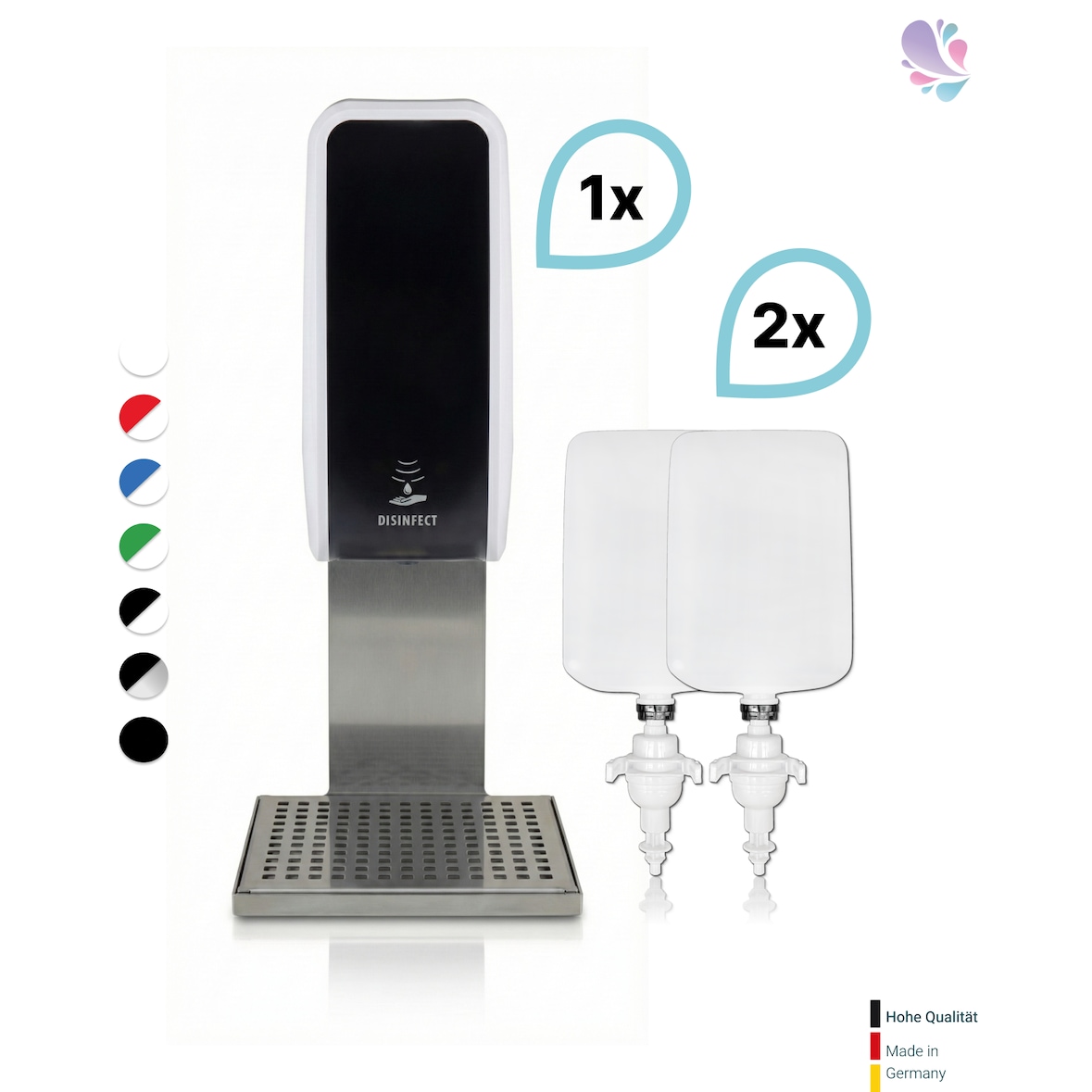 SET: Desinfektionsspender SENSOR Cosmos (berührungslos) +2x1L Händedesinfektion+Edelstahlhalterung mit Auffangschale Wandmontage
