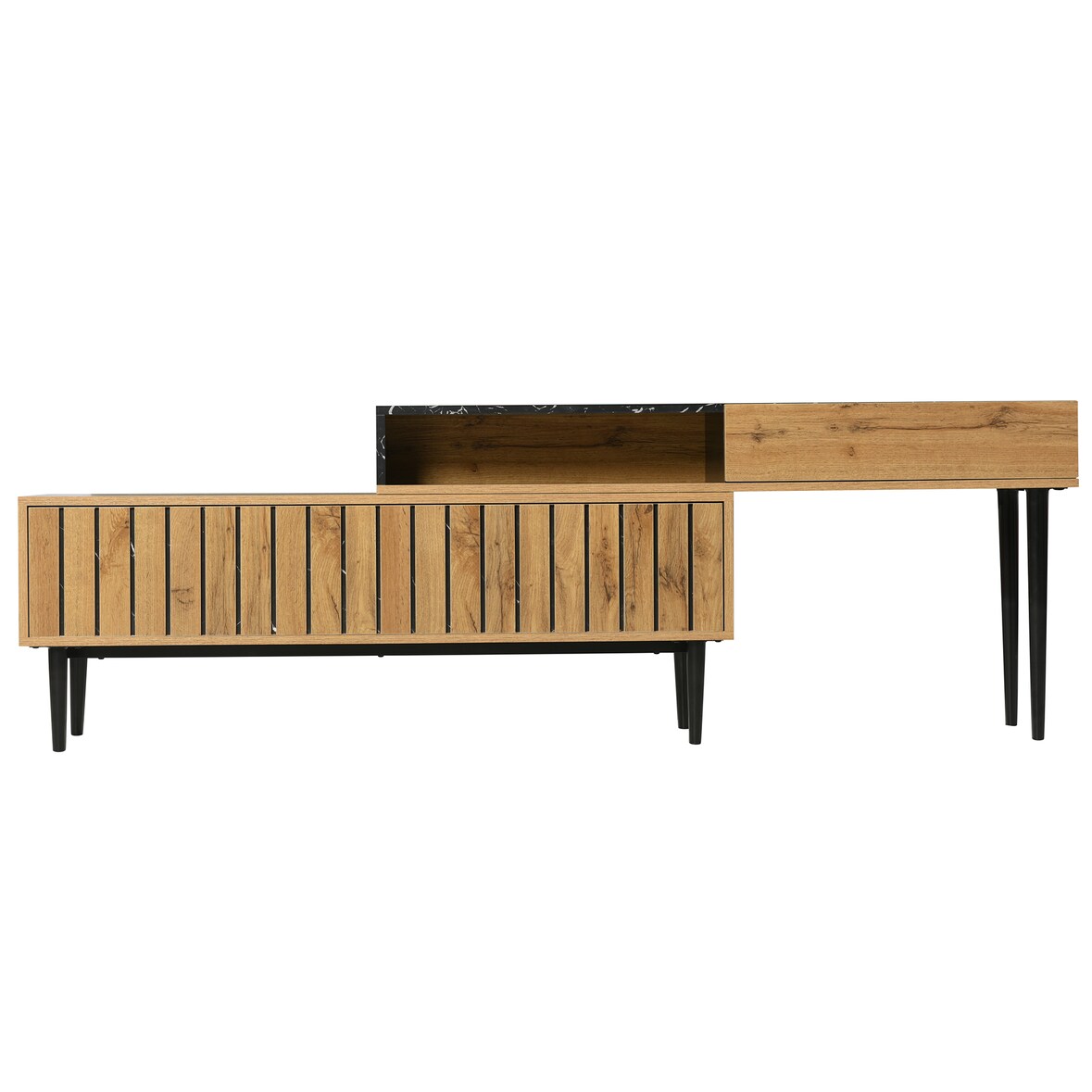 Merax Lowboard mit Tischplatte in Marmoroptik und Metallbeine, TV-Schrank stapelbar, TV-Board Länge verstellbar, Bis 200cm, Natur