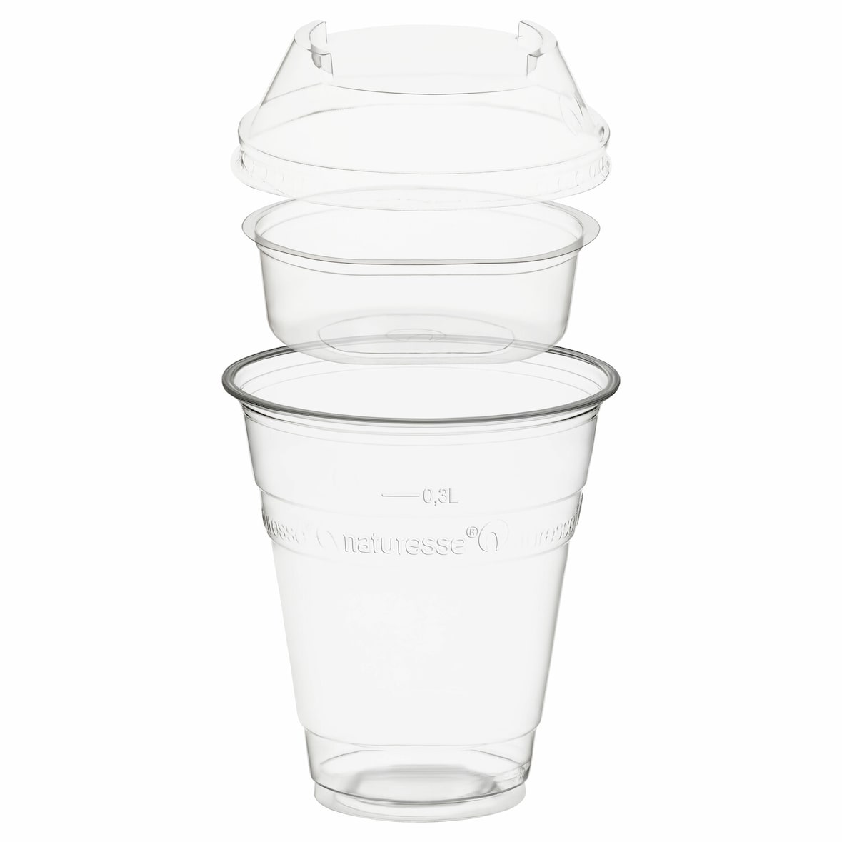 50x BIO Trinkbecher 300ml + Domdeckel stapelbar + Einsatzbecher O 96mm (PLA)