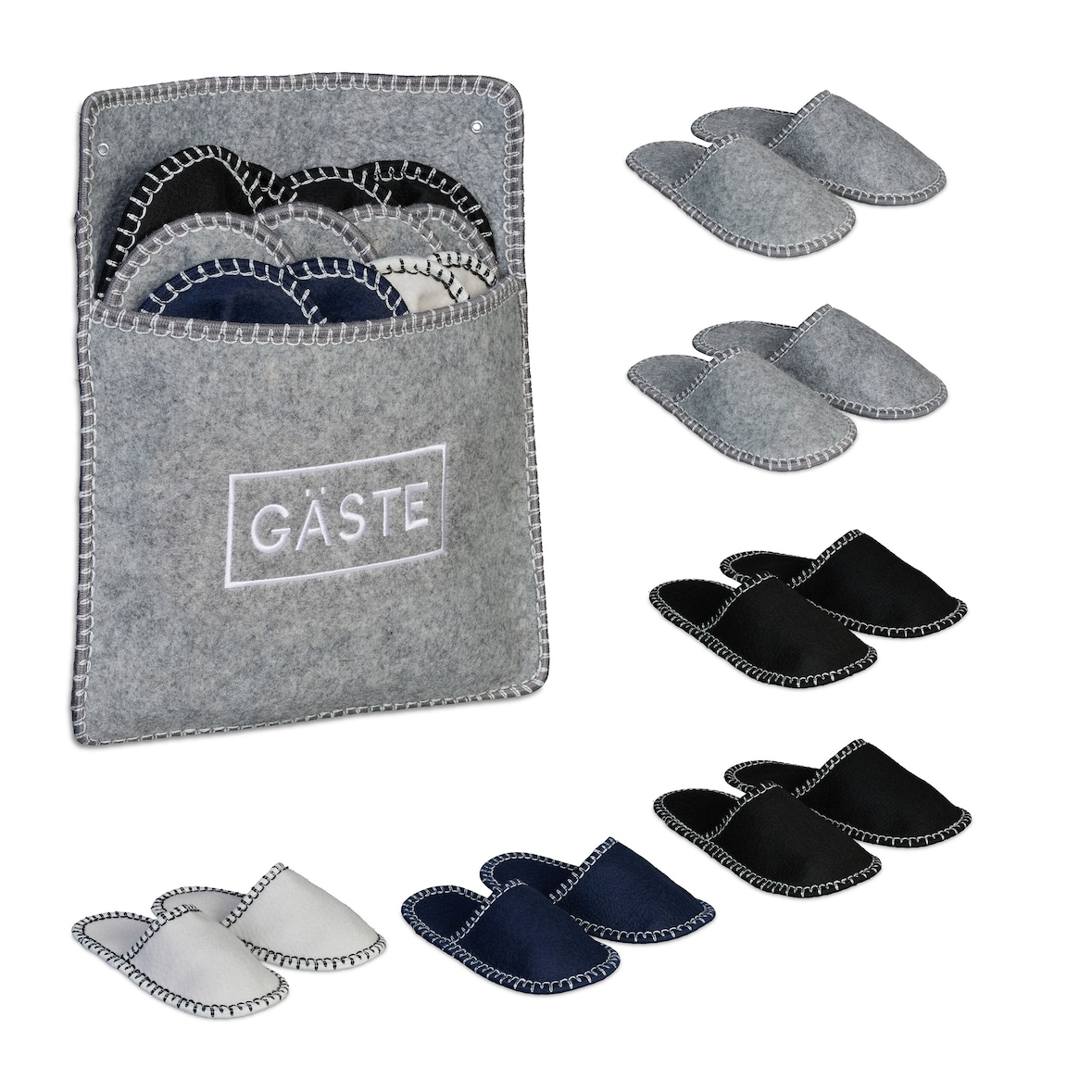 Relaxdays Gästehausschuhe 6 Paar, Hausschuhe Set mit Tasche, Größen 36-45, Filzpantoffeln, Antirutsch-Sohle, mehrfarbig