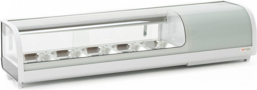 Vetrina Frigo Sushi - Refrigerata - da Banco - Vetri Curvi - Motore Incorporato - Bianca - 5 GN 1/3 - 132,5x42x26,5h cm