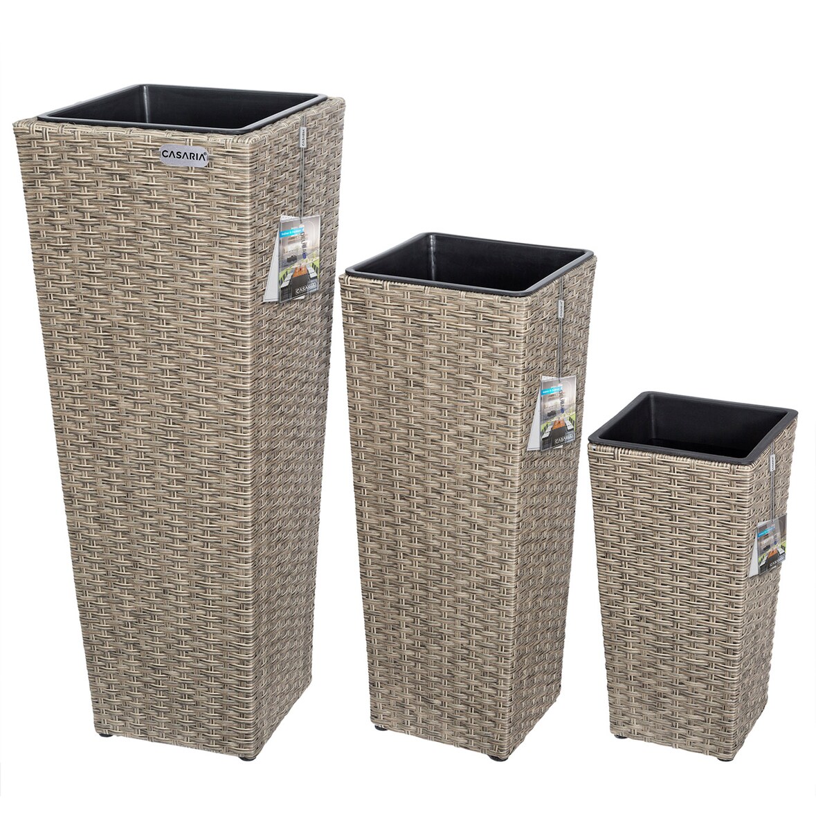 Casaria Poly Rattan Blumentopf mit Wasserabfluss Creme - 3er Set