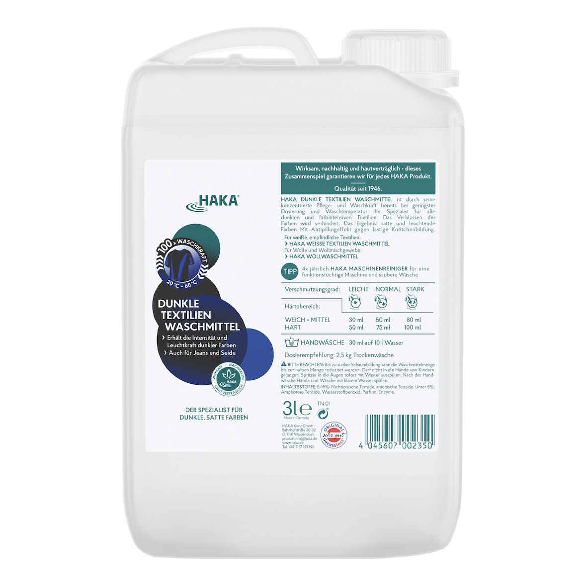 HAKA Dunkle Textilien Waschmittel 3l Flüssigwaschmittel für Jeans, dunkle Wäsche