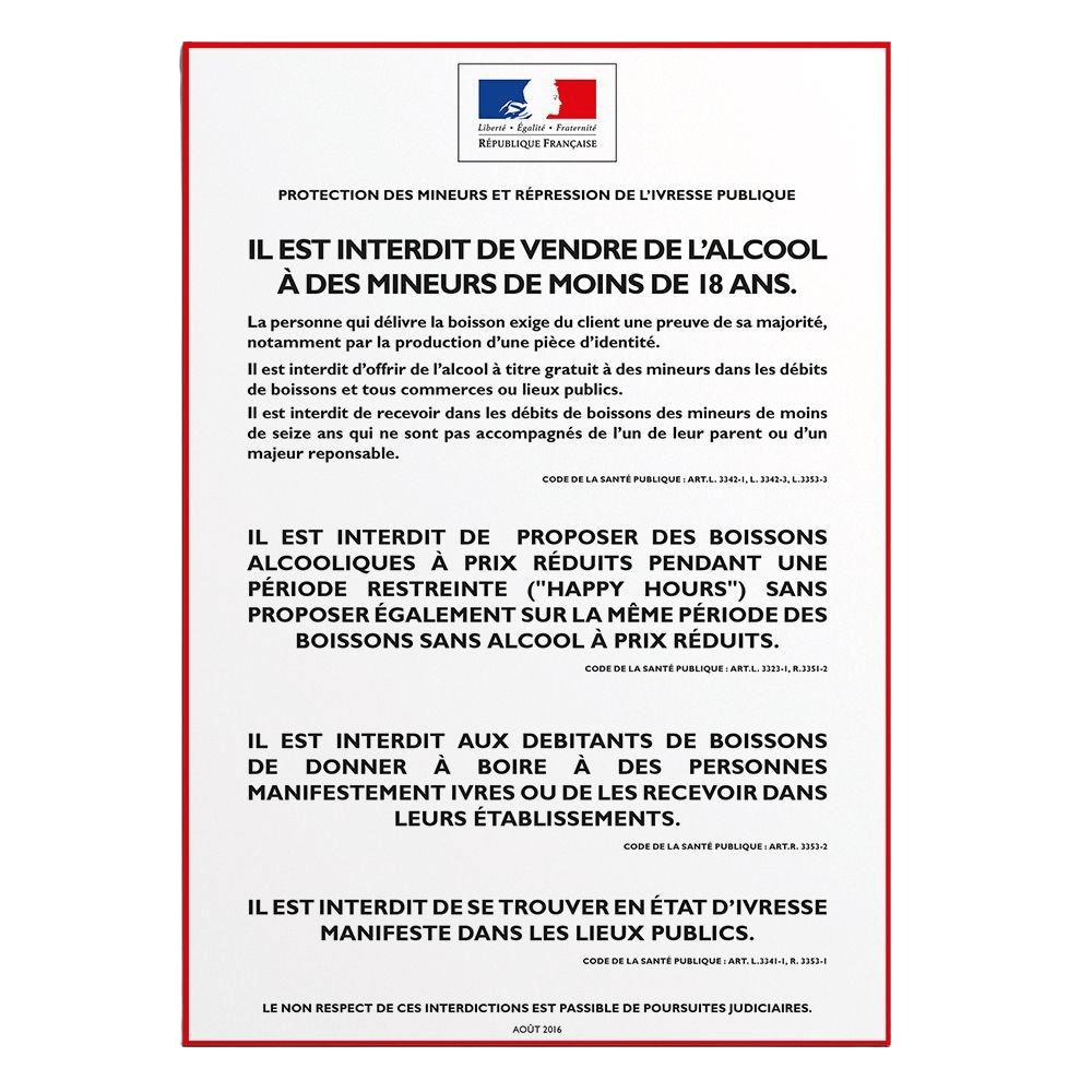 Affichage Protection des Mineurs & Répression de l'Ivresse Publique (consommation sur place)