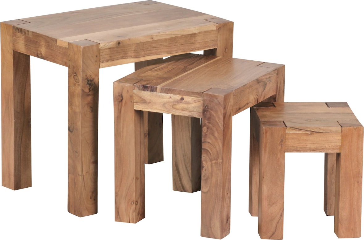 3er Set MUMBAI Satztisch Massiv-Holz Akazie Wohnzimmer-Tisch Landhaus ...