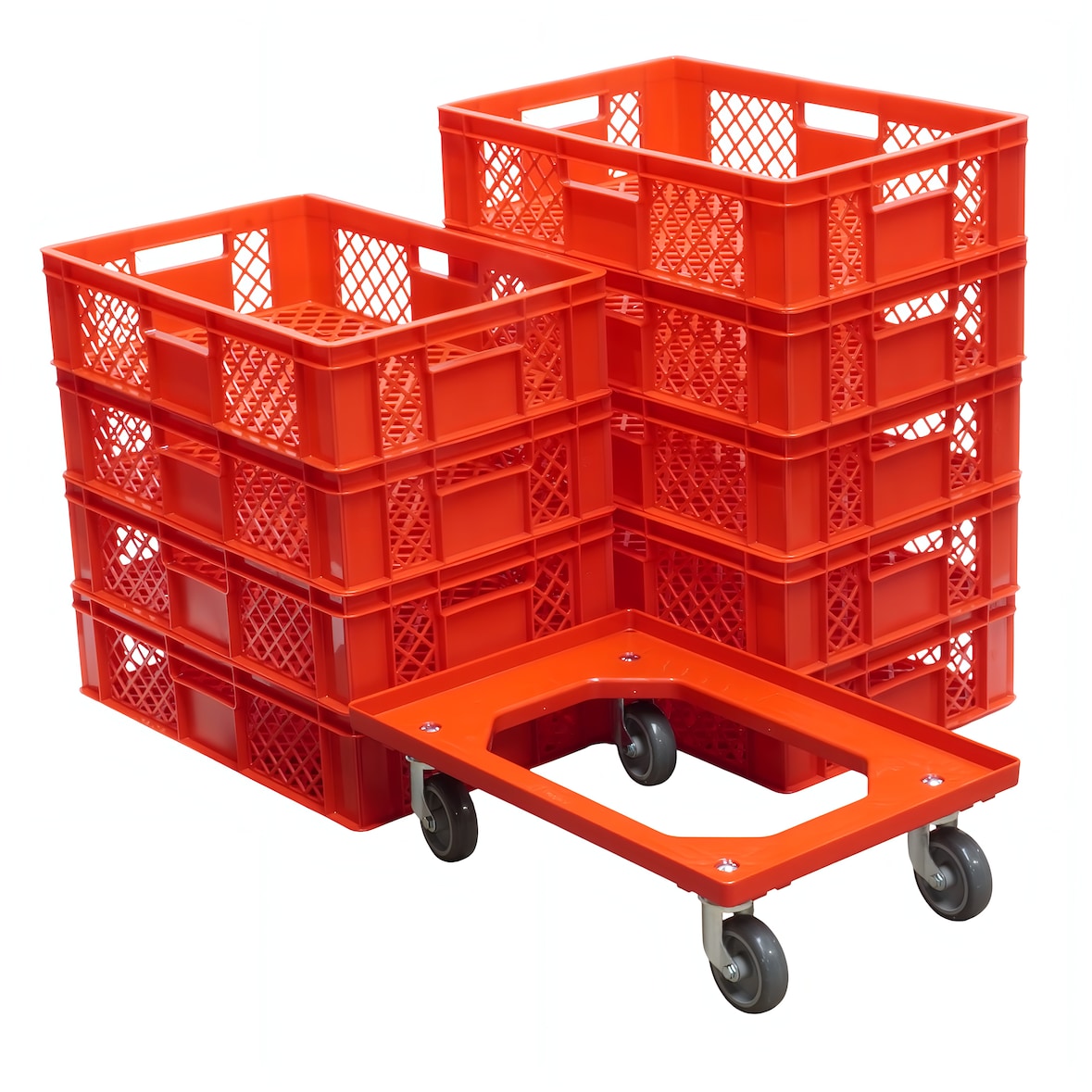 9 Stück Bäckerkisten 600 x 400 x 150 mm + 1 Transportroller Typ C in Rot