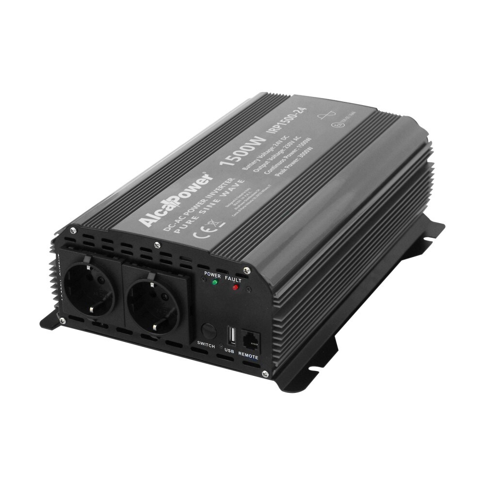 Alcapower - 1500W Sinus-Wechselrichter 24V (Spitzenleistung 3000W), Doppel-Schuko-Steckdose und USB, für LKWs, Busse und Solarhütten