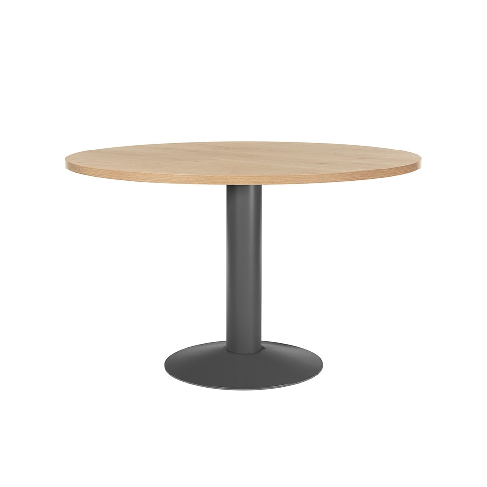 Mesa de reunião redonda Rocada com tampo de 120cm de diâmetro e base metálica. Altura 72cm. cor: antracite / tampo carvalho