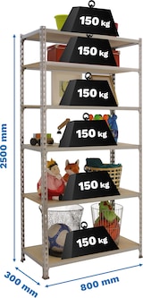 thumbnail of SimonRack Estantería Metálica, 2500x800x300 mm, 6 Alturas, Bandeja Madera, 150 kg de Punto Flexión, Galva/Madera - Maderclick