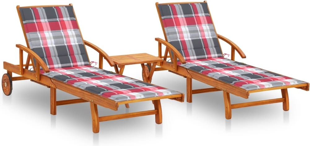 Helloshop26 - Conjunto de 2 tumbonas hamacas camas de jardín muebles de terraza 199 cm con mesa y cojines madera maciza de acacia 02_0012118