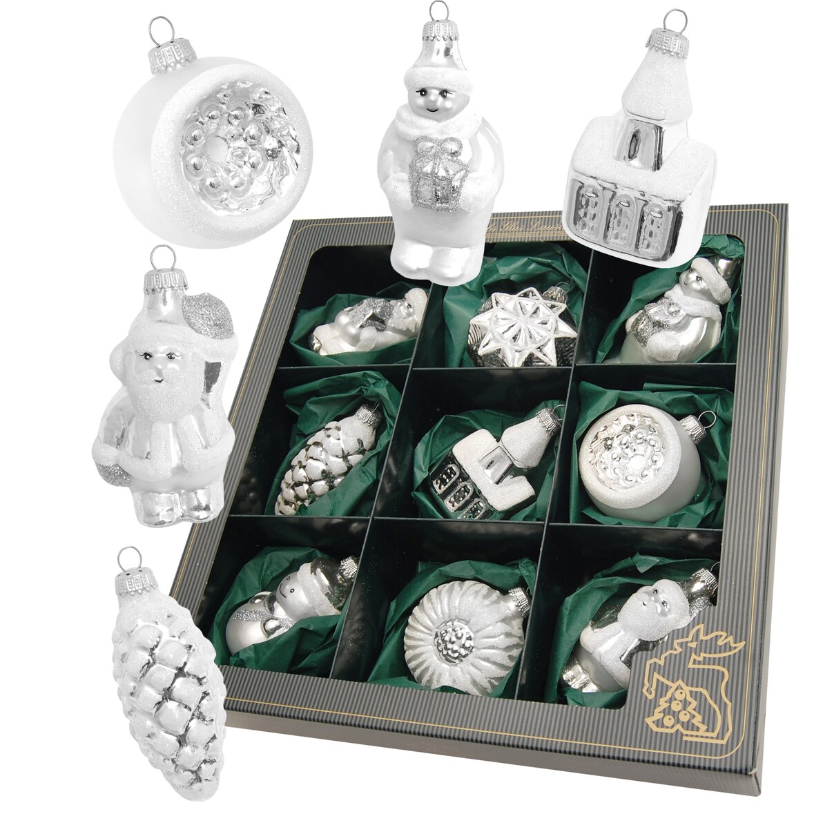 Silberfarbiges Formen- & Figuren-Sortiment 6-8cm, 9-teilig, Glasornamente, mundgeblasen, handbemalt