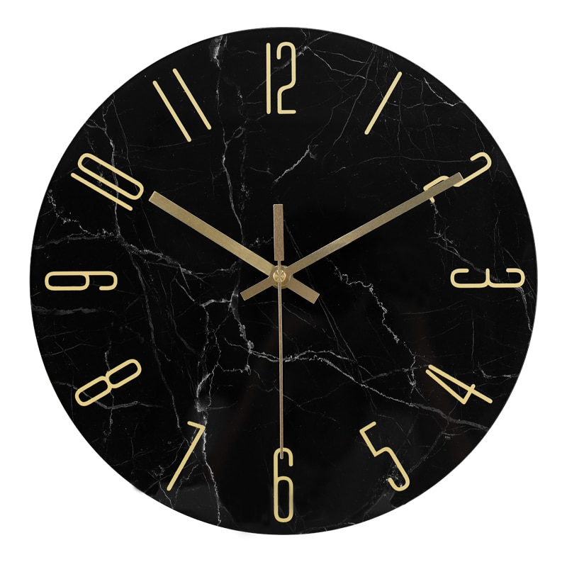 IvoQ Wandklok Marmerlook Zwart - Glas - Ø 30 cm - Stil Uurwerk - Modern & Goud