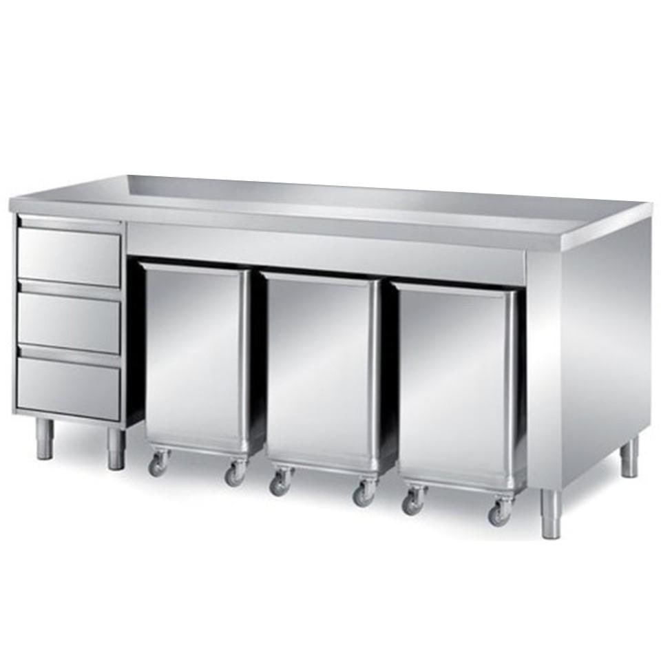 Tavolo armadiato in acciaio inox con 3 tramogge e 1 cassettiera a 3 cassetti h 15 cm
con alzatina