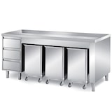 thumbnail of Tavolo armadiato in acciaio inox con 3 tramogge e 1 cassettiera a 3 cassetti h 15 cm
con alzatina