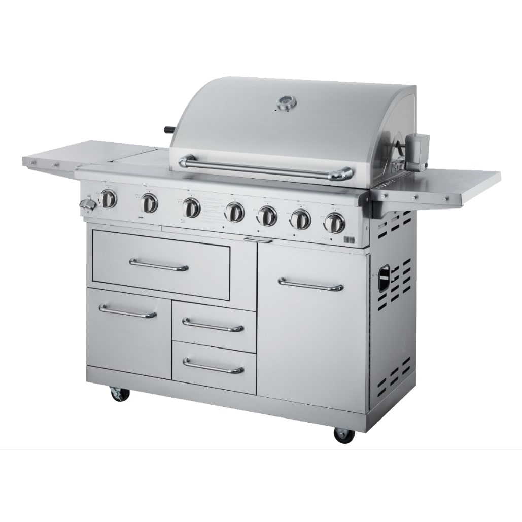 METRO PROFESSIONAL 4 hoofd- en zijbranders gasgril, 182 x 66 x 125 cm, 2 zijtafels, verrijdbaar, beschermhoes, roestvrij staal, zilver