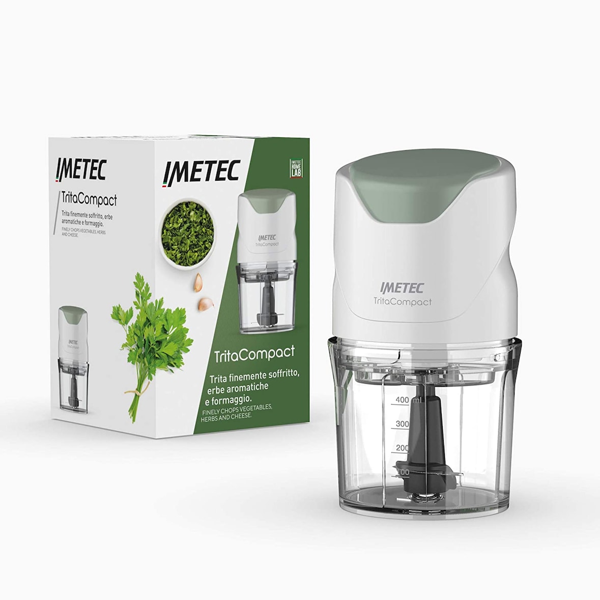 Imetec TritaCompact, Procesador de alimentos, Picadora con 2 cuchillas de acero inox, recipiente de 400 ml, por presión, compacta, 350 W, Libre BPA
