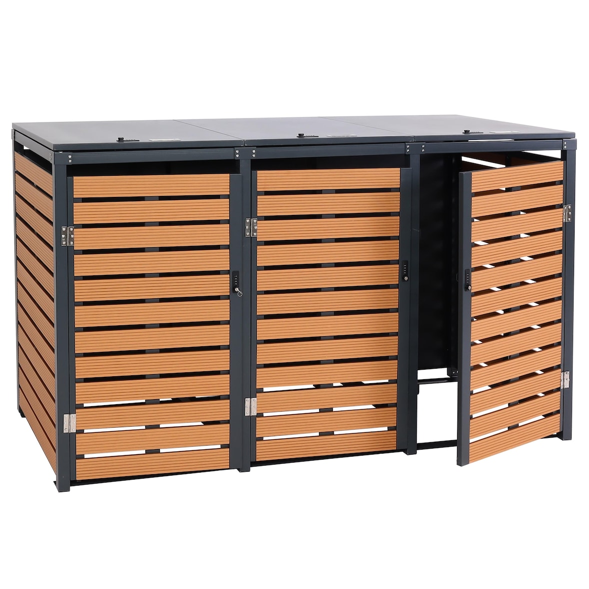 3er Mülltonnenverkleidung HWC-K14, Mülltonnenbox Mülltonnenabdeckung, 119x205x84cm WPC Metall 109kg ~ Teak-Optik