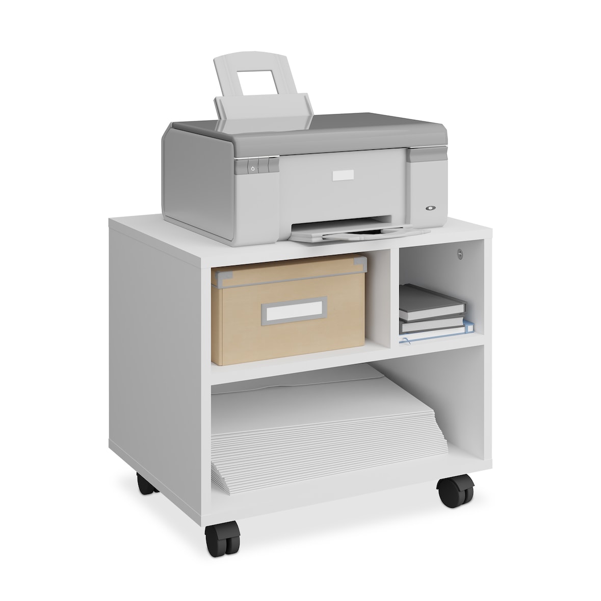 Relaxdays Rollcontainer mit 3 Fächern, Büro Beistellcontainer, mit Rollen, Büroschrank, HxBxT: 35,5 x 40 x 30 cm, weiß