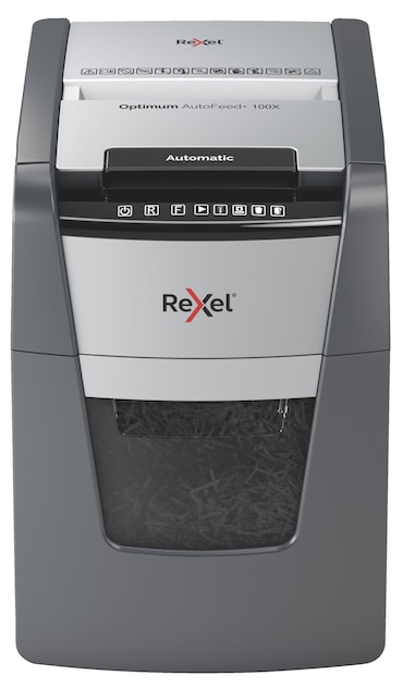 REXEL Optimum Auto Feed+ 100X, Distruggidocumenti Automatico, 100 Fogli, Taglio frammento, Sicurezza P-4, Cestino estraibile da 34L, 2020100XEU
