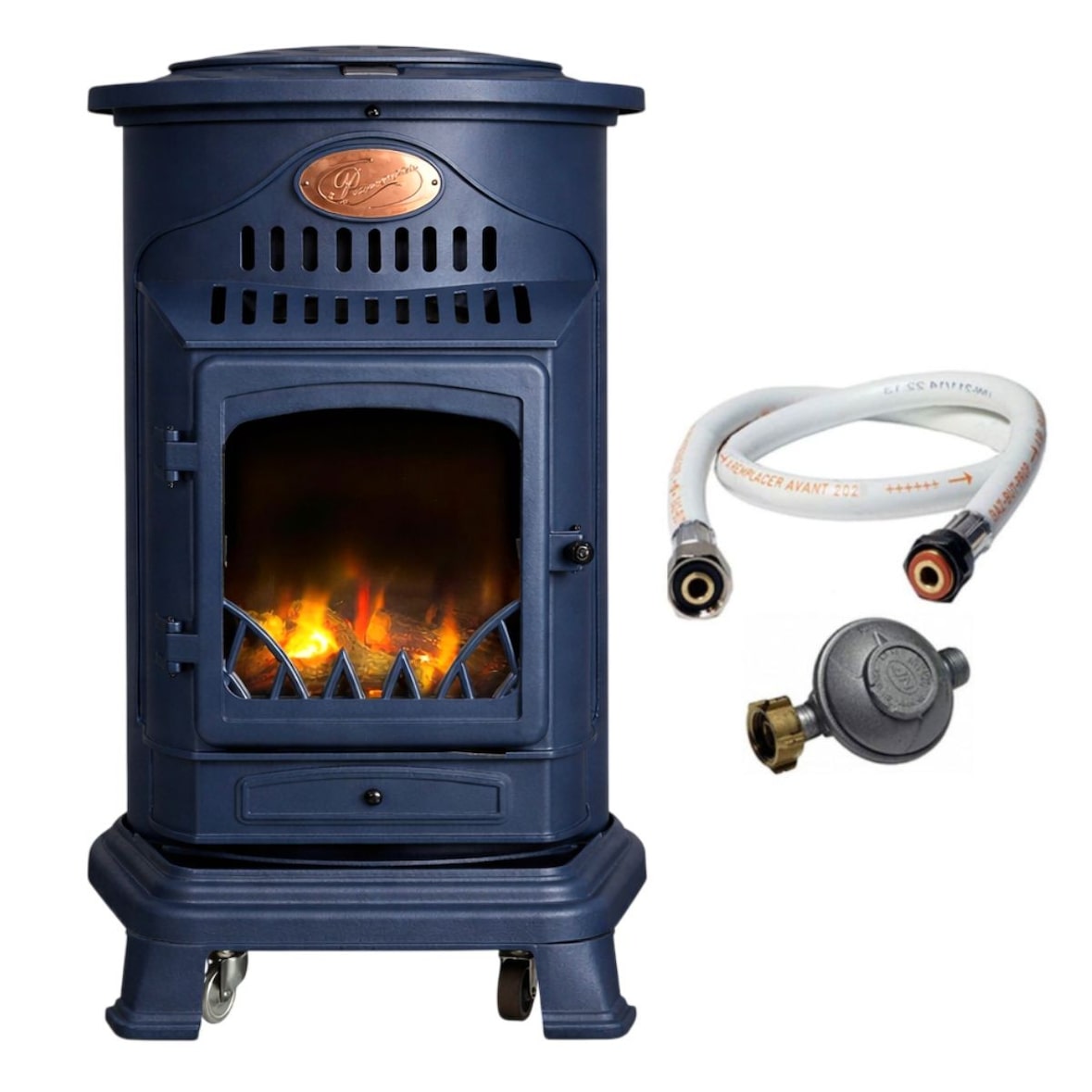 Poele à gaz 3,4KW Bleu Saphir Mat Effet poêle à bois Fonte véritable + Tuyau gaz + détendeur butane Provence Sahara