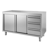 thumbnail of Mueble de trabajo Gastro-Inox con puertas correderas y 3 cajones 1500x700x880mm