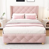 thumbnail of Luxuriöses Samt-Polsterbett 100x200 Rosa Knopf-Tufting Nietenverzierungen Verstärkte Bettbeine Modernes elegantes Design