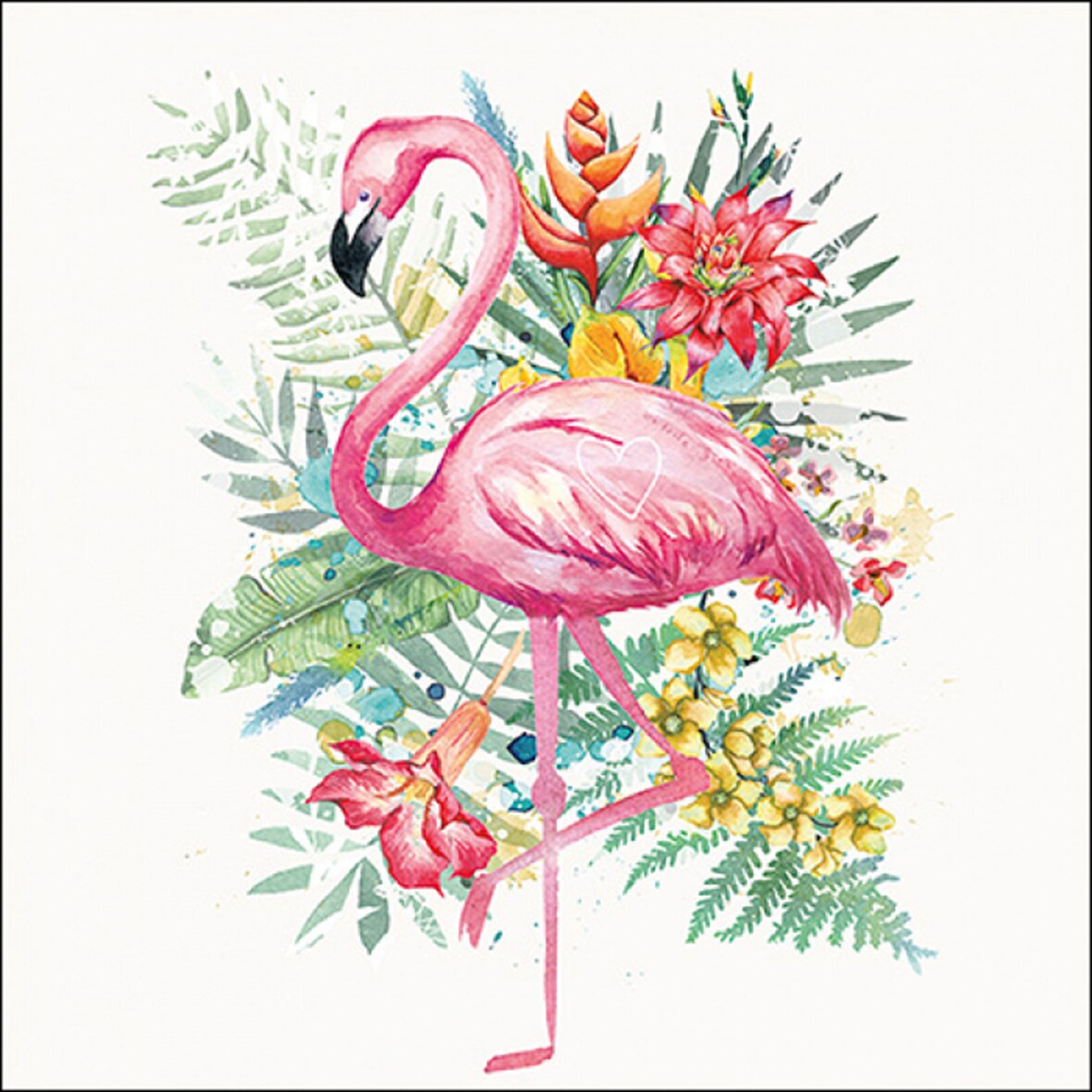 20 Servietten Papier 33x33cm 3-lagig - hochwertige Einweg Papierservietten Flamingo pink Tropenblätter exotisch Blumen Aquarell Sommer Feier Garten